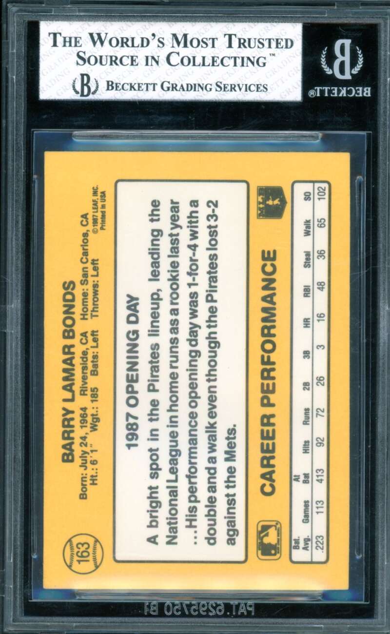 Barry Bonds Rookie Card 1987 Donruss Opening Day #163B BGS 8 Image 2