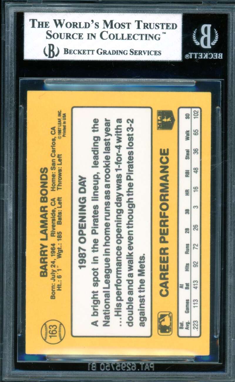 Barry Bonds Rookie Card 1987 Donruss Opening Day #163B BGS 8 Image 2