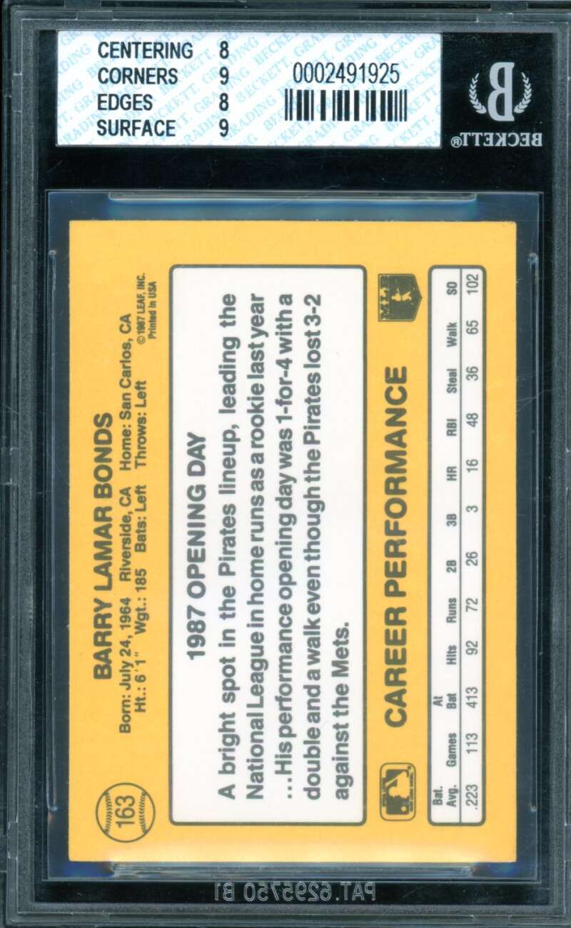 Barry Bonds Rookie Card 1987 Donruss Opening Day #163B BGS 8 Image 2