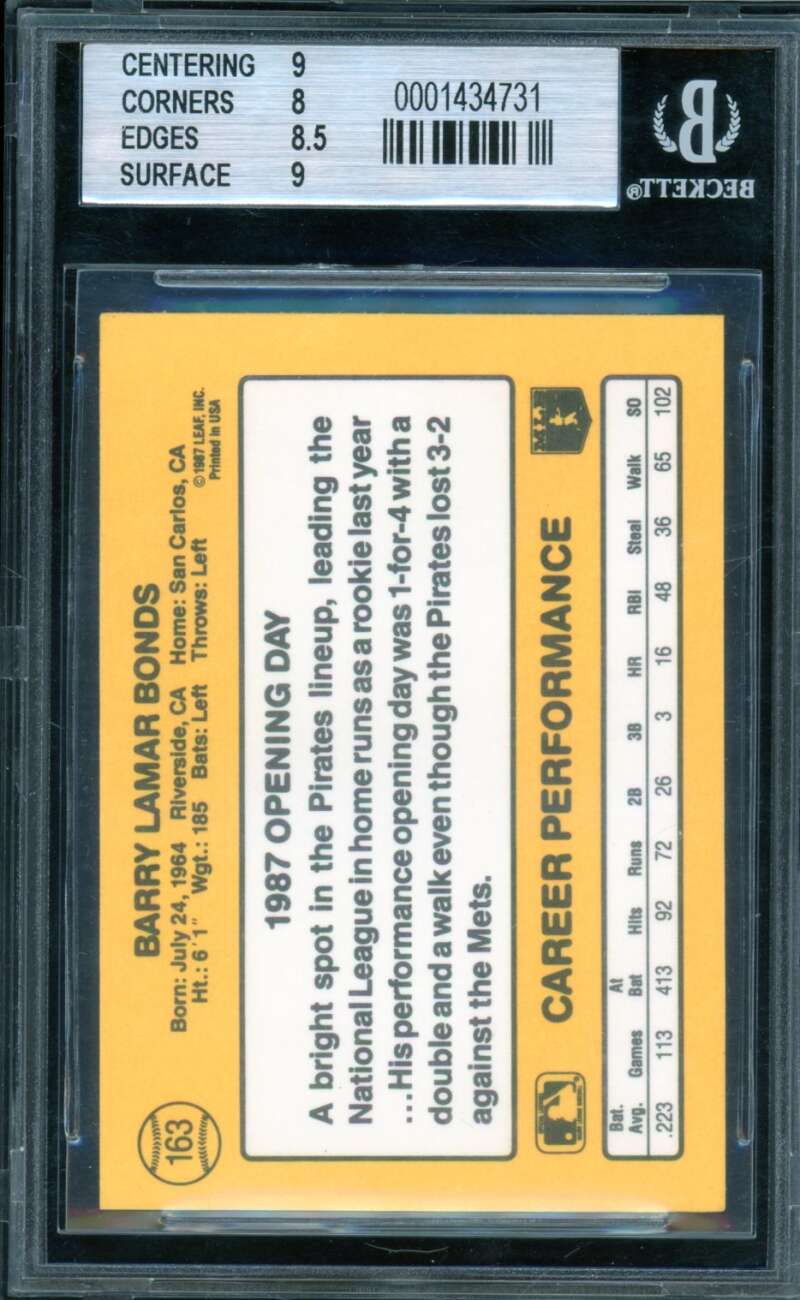 Barry Bonds Rookie Card 1987 Donruss Opening Day #163B BGS 8.5 Image 2