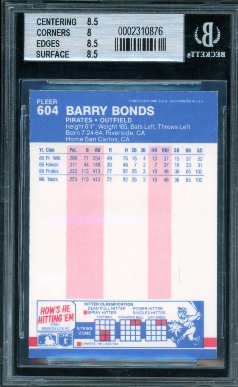 Barry Bonds Rookie Card 1987 Fleer #604 BGS 8.5 Image 2
