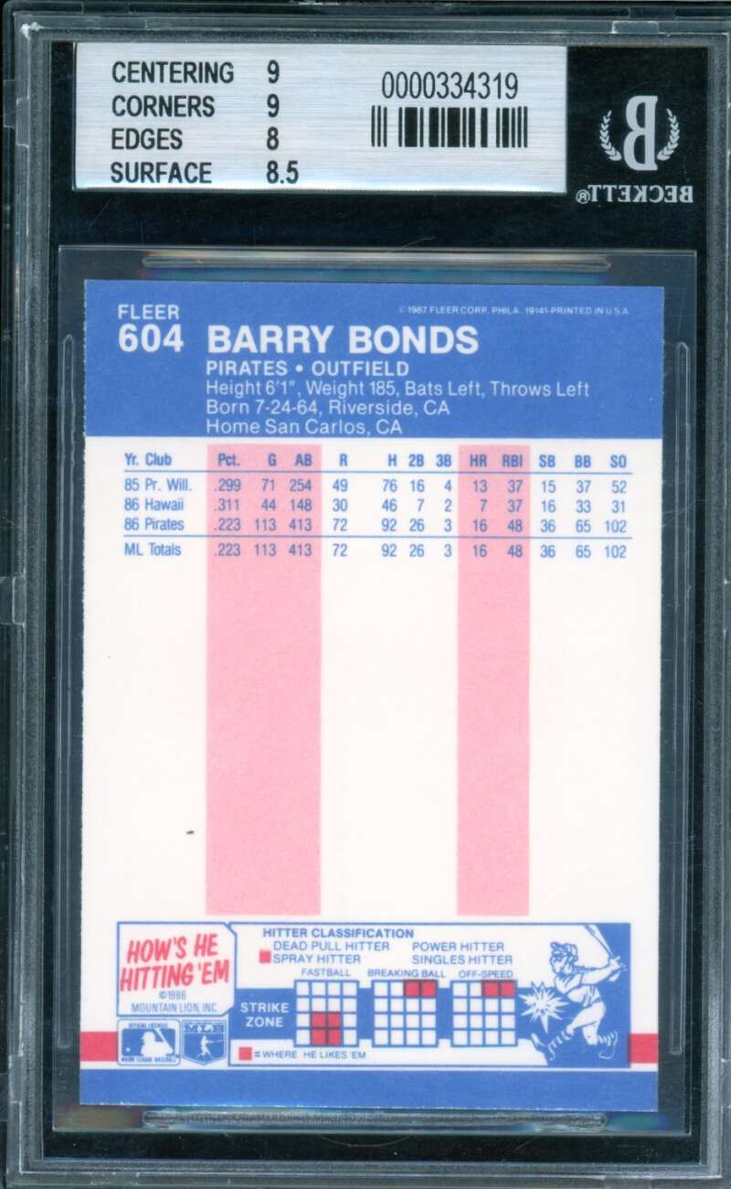 Barry Bonds Rookie Card 1987 Fleer #604 BGS 8.5 Image 2