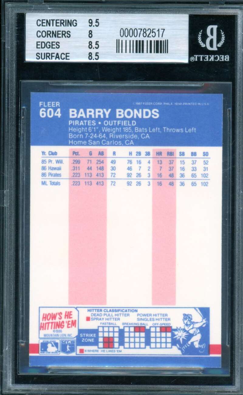 Barry Bonds Rookie Card 1987 Fleer #604 BGS 8.5 Image 2