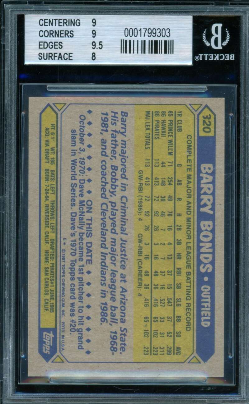 Barry Bonds Rookie Card 1987 Topps #320 BGS 8.5 Image 2