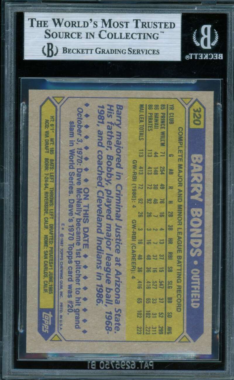 Barry Bonds Rookie Card 1987 Topps #320 BGS 8.5 Image 2