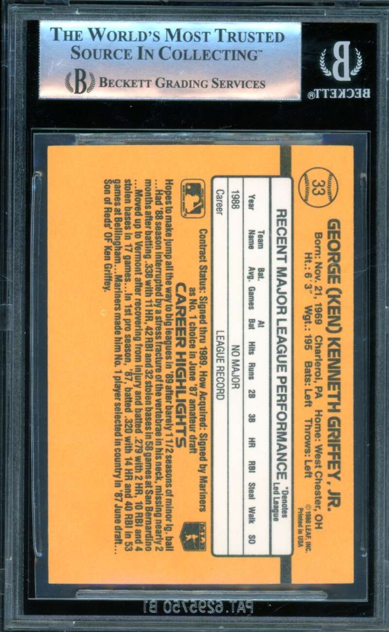 Ken Griffey Jr. Rookie Card 1989 Donruss #33 BGS 9 Image 2