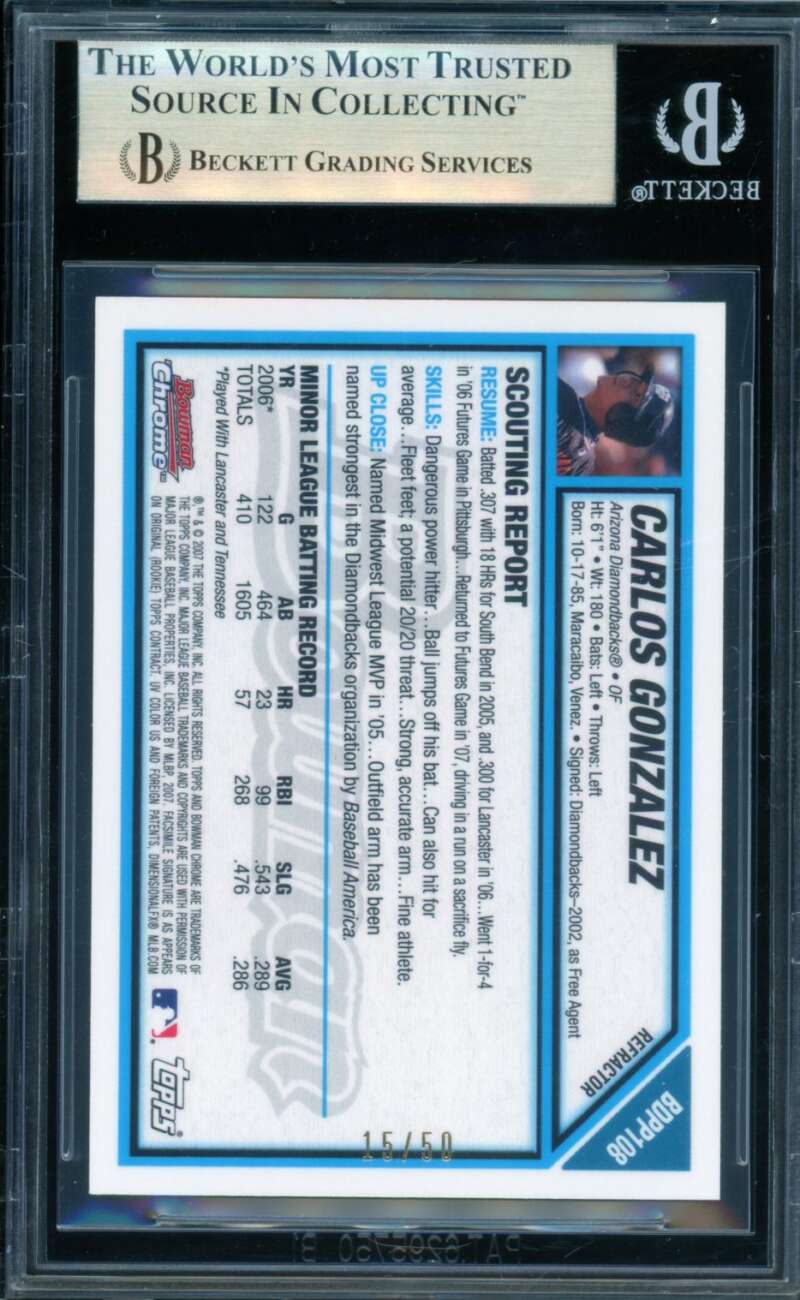 Carlos Gonzalez 2007 Bowman Chrome Draft Prospects Gold Refractors #108 BGS 9.5 Image 2