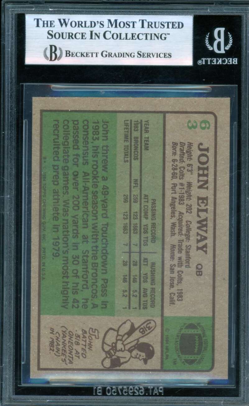 John Elway Rookie Card 1984 Topps #63 BGS 8 Image 2