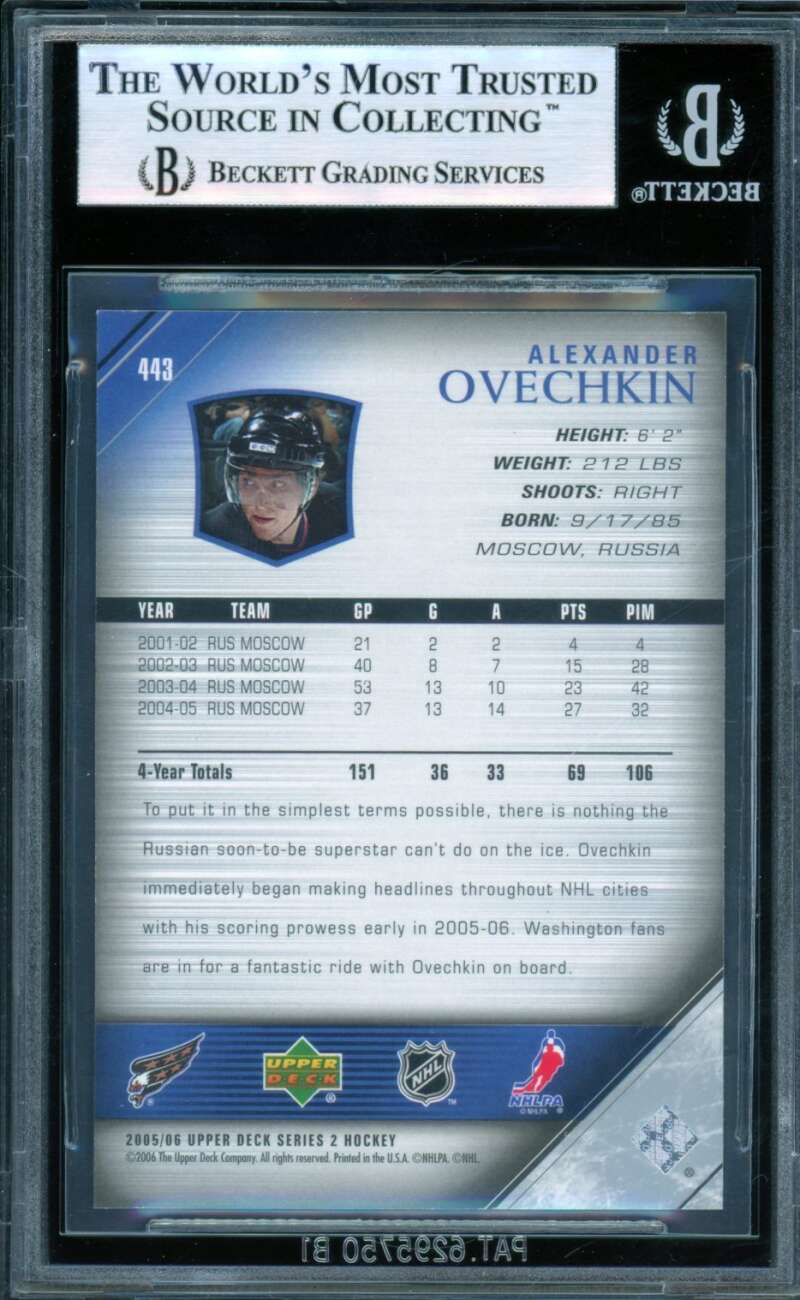 Alexander Ovechkin Rookie Card 2005-06 Upper Deck Young Guns #443 BGS 9 Image 2