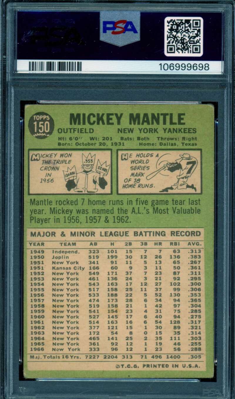Mickey Mantle Card 1967 Topps #150 PSA 2 Image 2