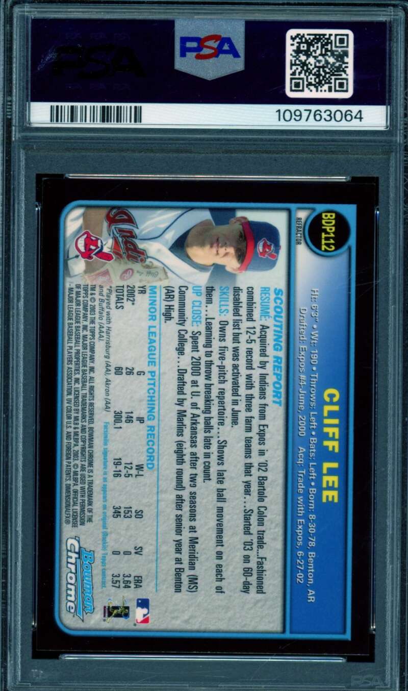 Cliff Lee Card 2003 Bowman Chrome Refractor (pop 10) #112 PSA 9 Image 2