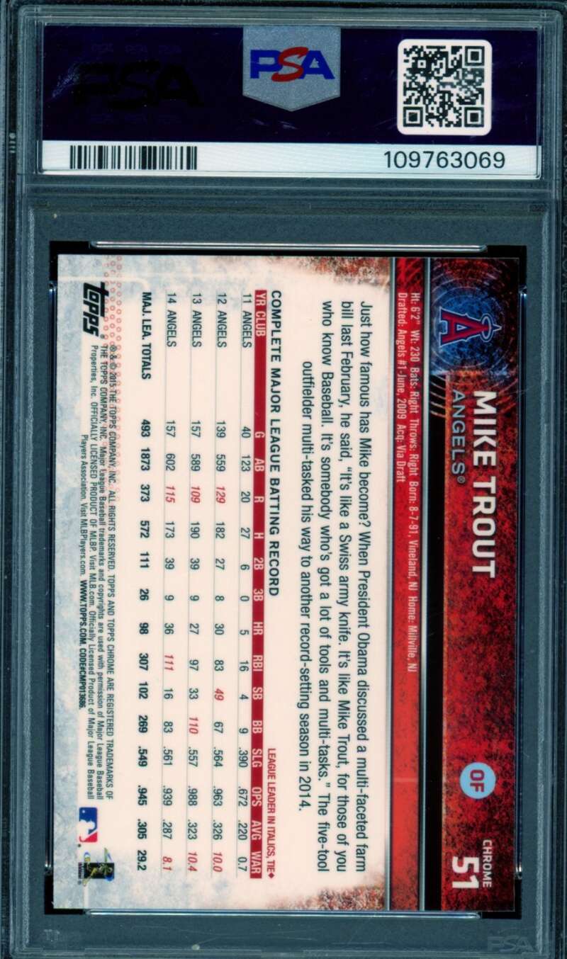 Mike Trout Card 2015 Topps Chrome #51 PSA 10 Image 2
