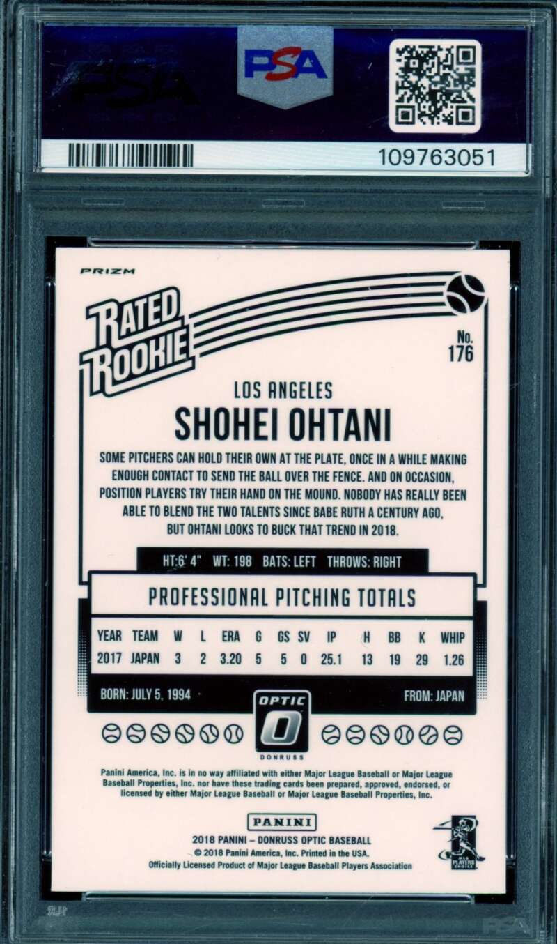 Shohei Ohtani Rookie Card 2018 Panini Donruss Optic Red/Yellow #176 PSA 9 Image 2
