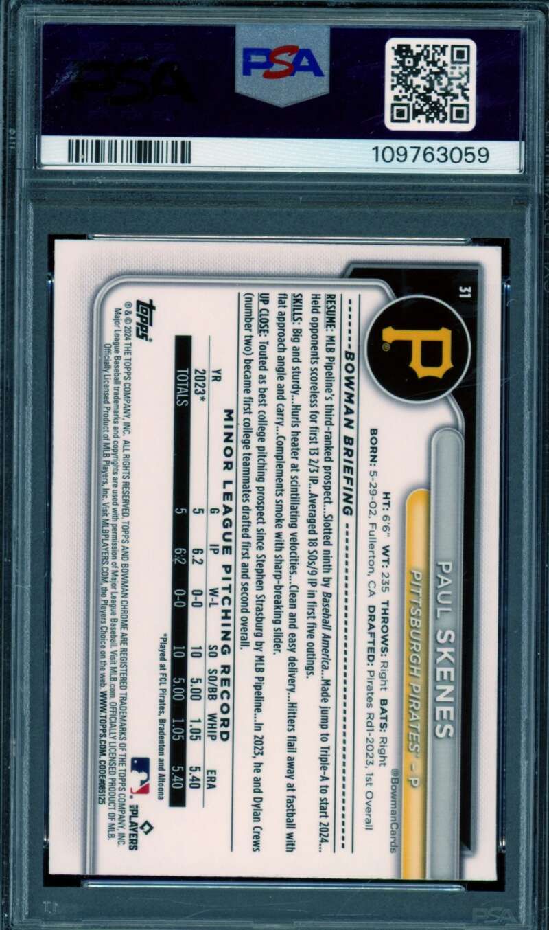 Paul Skenes Rookie Card 2024 Bowman Chrome SP #31 PSA 9 Image 2