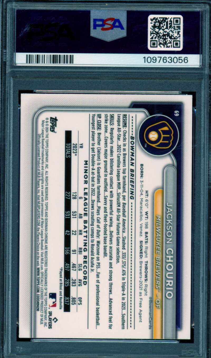 Jackson Chourio Rookie Card 2024 Bowman Chrome M/B #69 PSA 10 Image 2