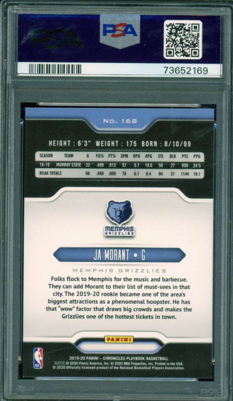 Ja Morant Rookie Card 2019-20 Panini Chronicles Pink #168 PSA 8 Image 2