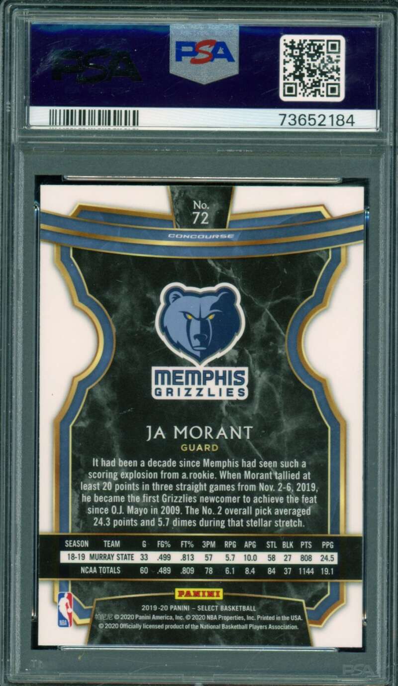 Ja Morant Card 2019-20 Panini Select #72 PSA 10 Image 2