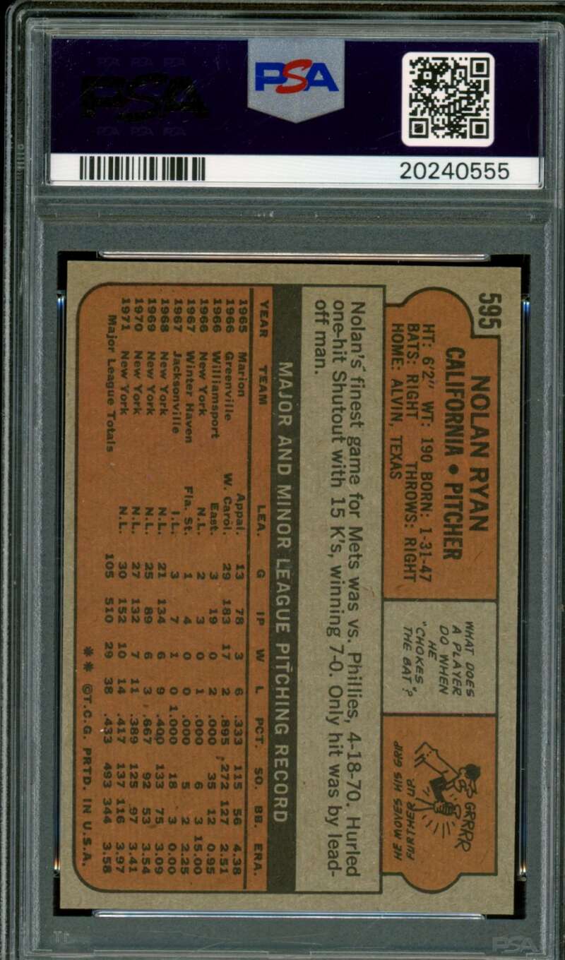 Nolan Ryan Card 1972 Topps #595 PSA 9 Image 2