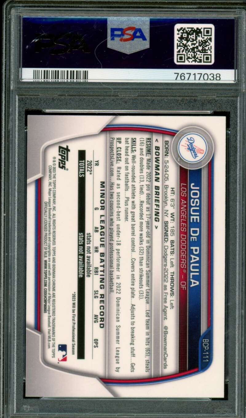 Josue De Paula Rookie Card 2023 Bowman Chrome Prospects #BCP111 PSA 9 Image 2