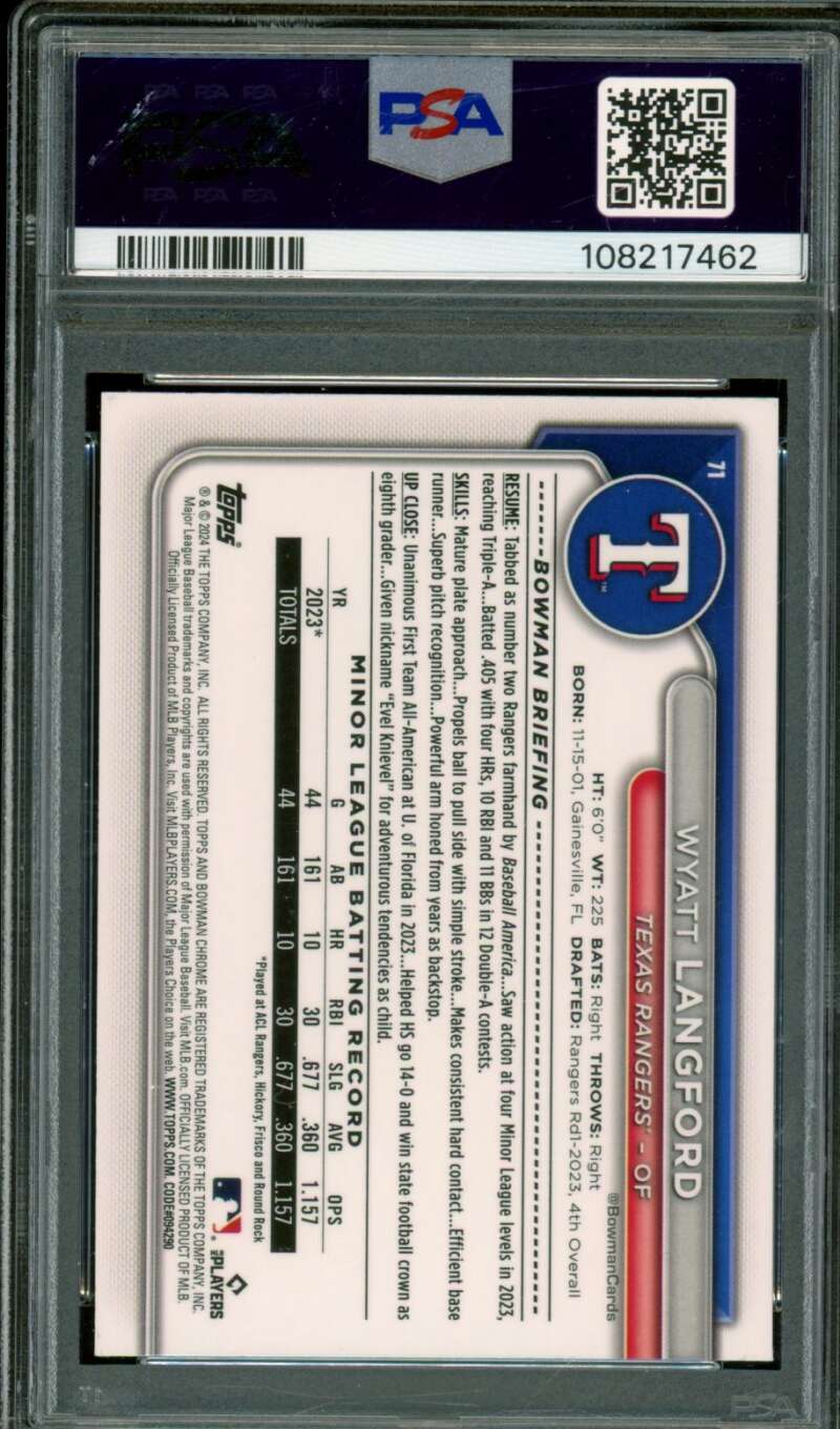 Wyatt Langford Rookie Card 2024 Bowman Chrome M/B #71 PSA 10 Image 2