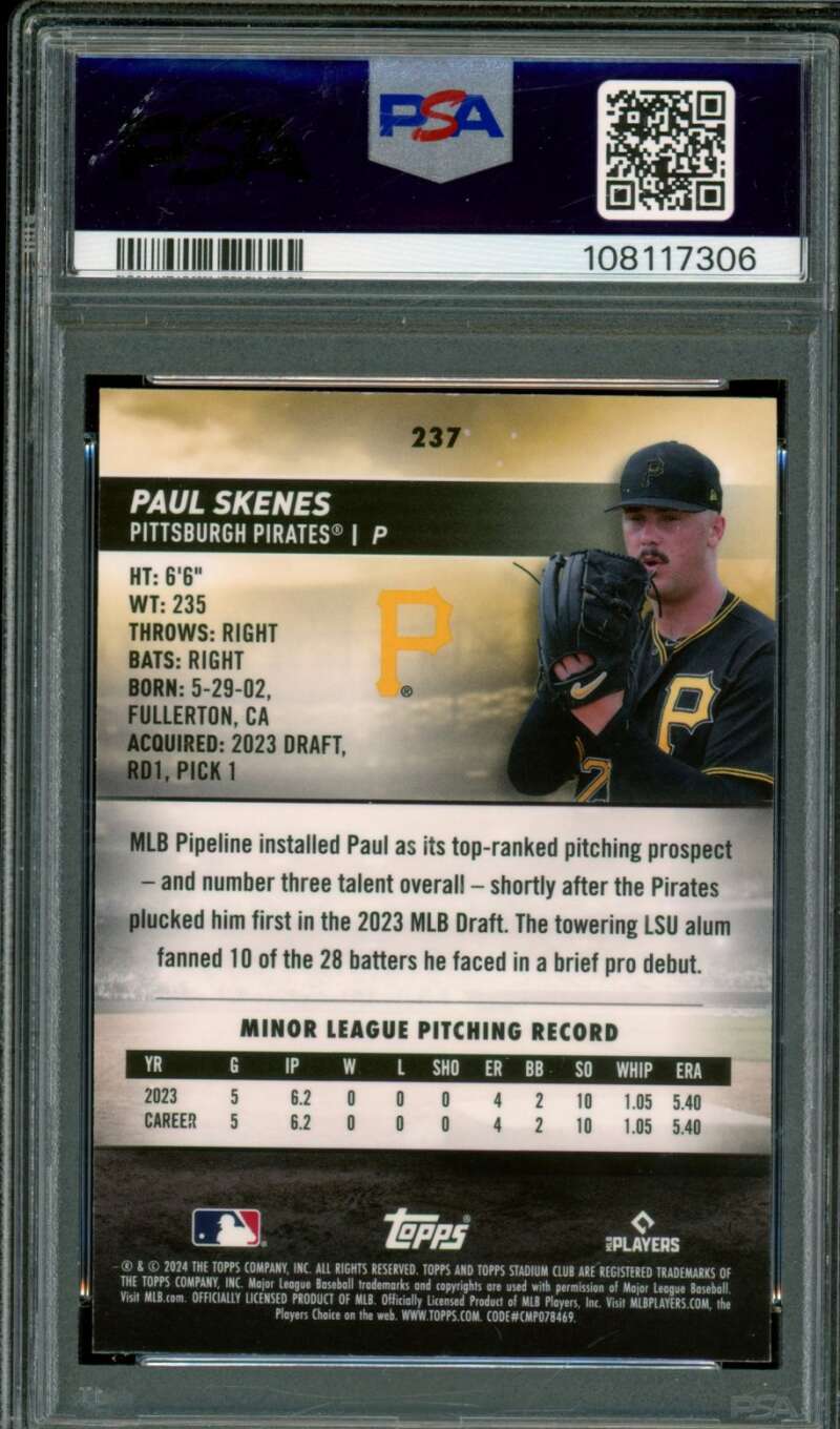 Paul Skenes Rookie Card 2024 Stadium Club Chrome #237 PSA 9 Image 2