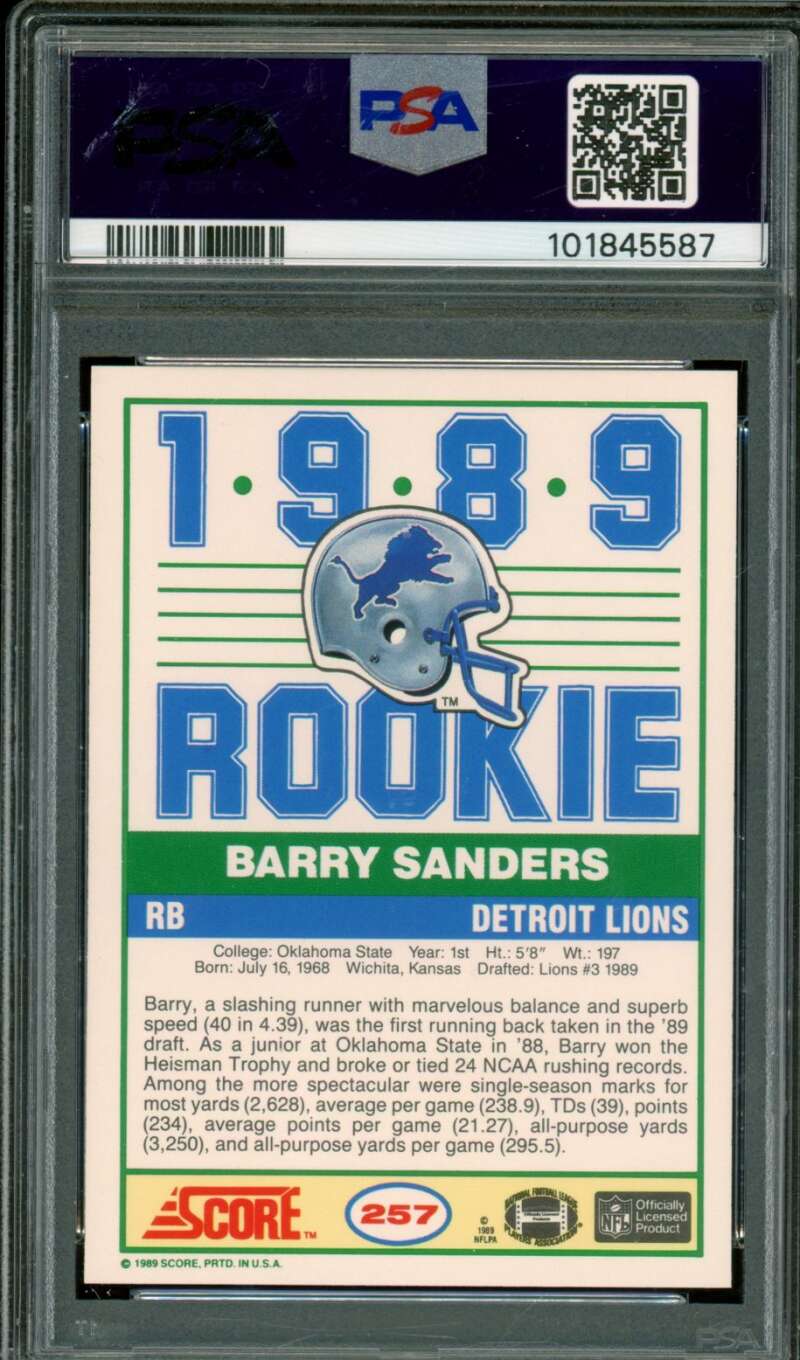 Barry Sanders Rookie Card 1989 Score #257 PSA 9 Image 2