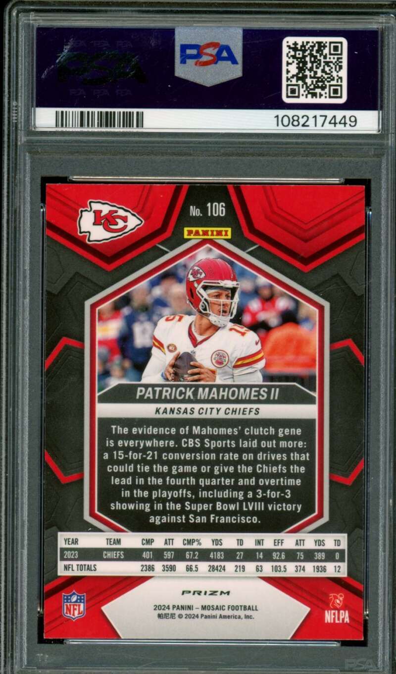 Patrick Mahomes II Card 2024 Mosaic Reactive Yellow #106 PSA 10 Image 2