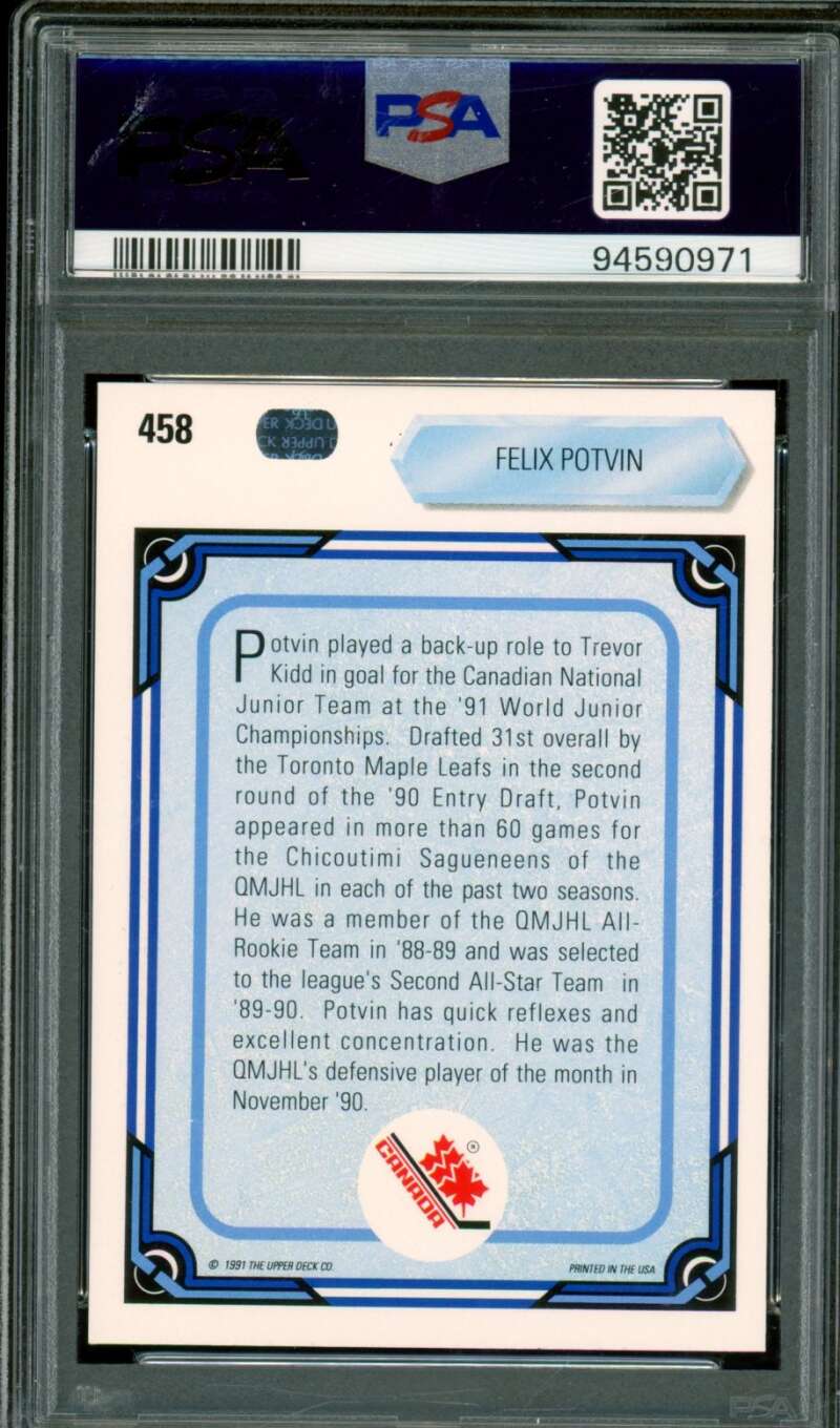 Felix Potvin Rookie Card 1990-91 Upper Deck #458 PSA 9 Image 2