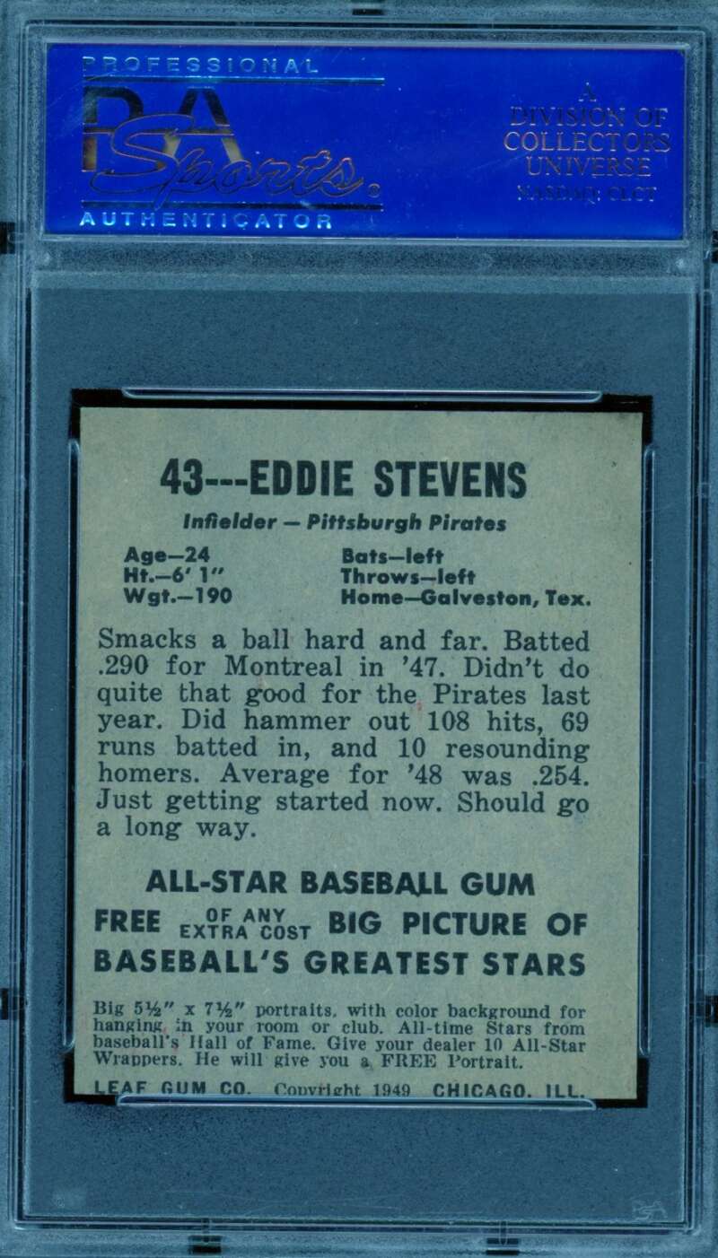 Eddie Stevens Rookie Card 1948 Leaf #43 PSA 6 Image 2