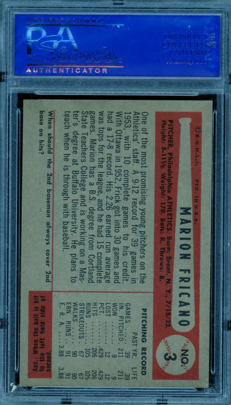 Marion Fricano Card 1954 Bowman #3 PSA 7 Image 2
