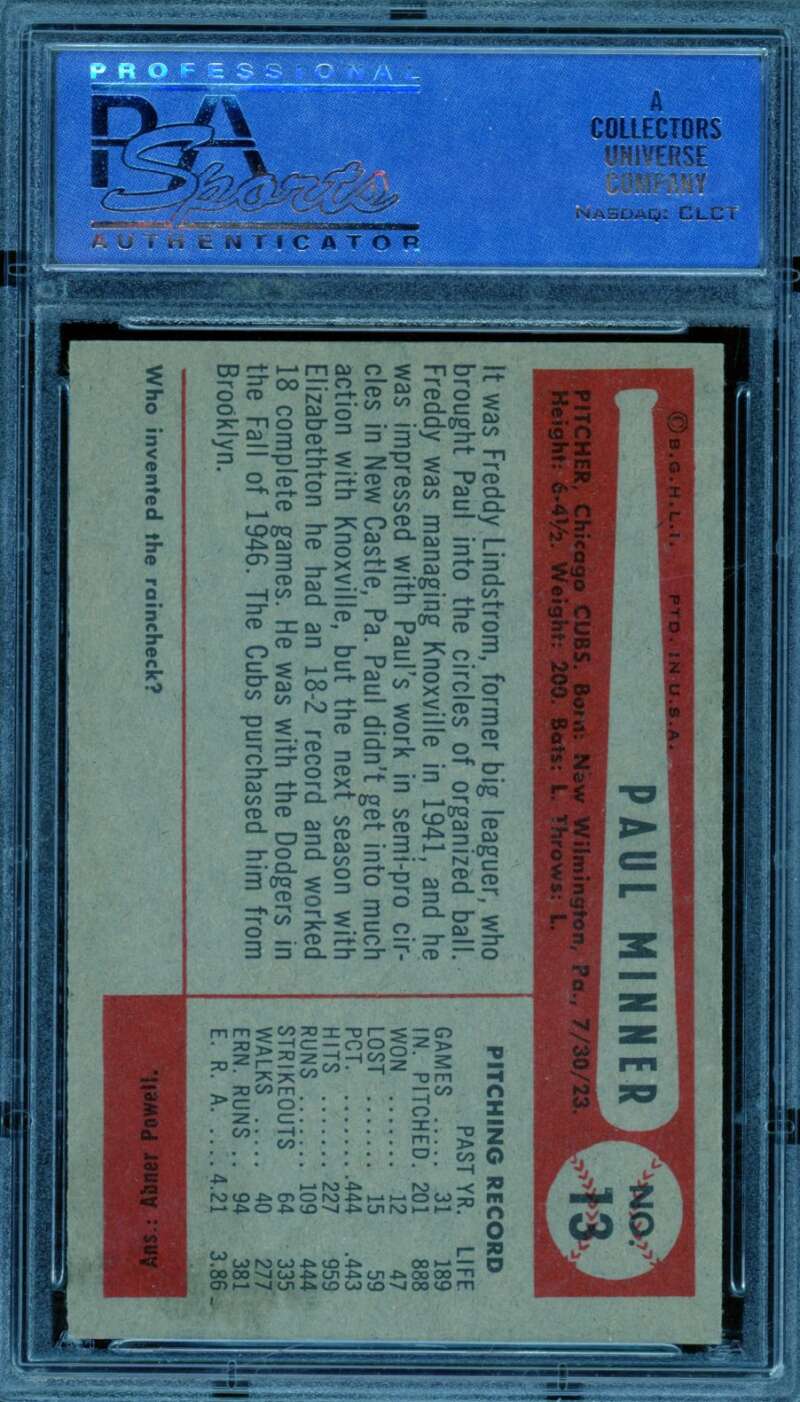 Paul Minner Card 1954 Bowman #13 PSA 8 Image 2