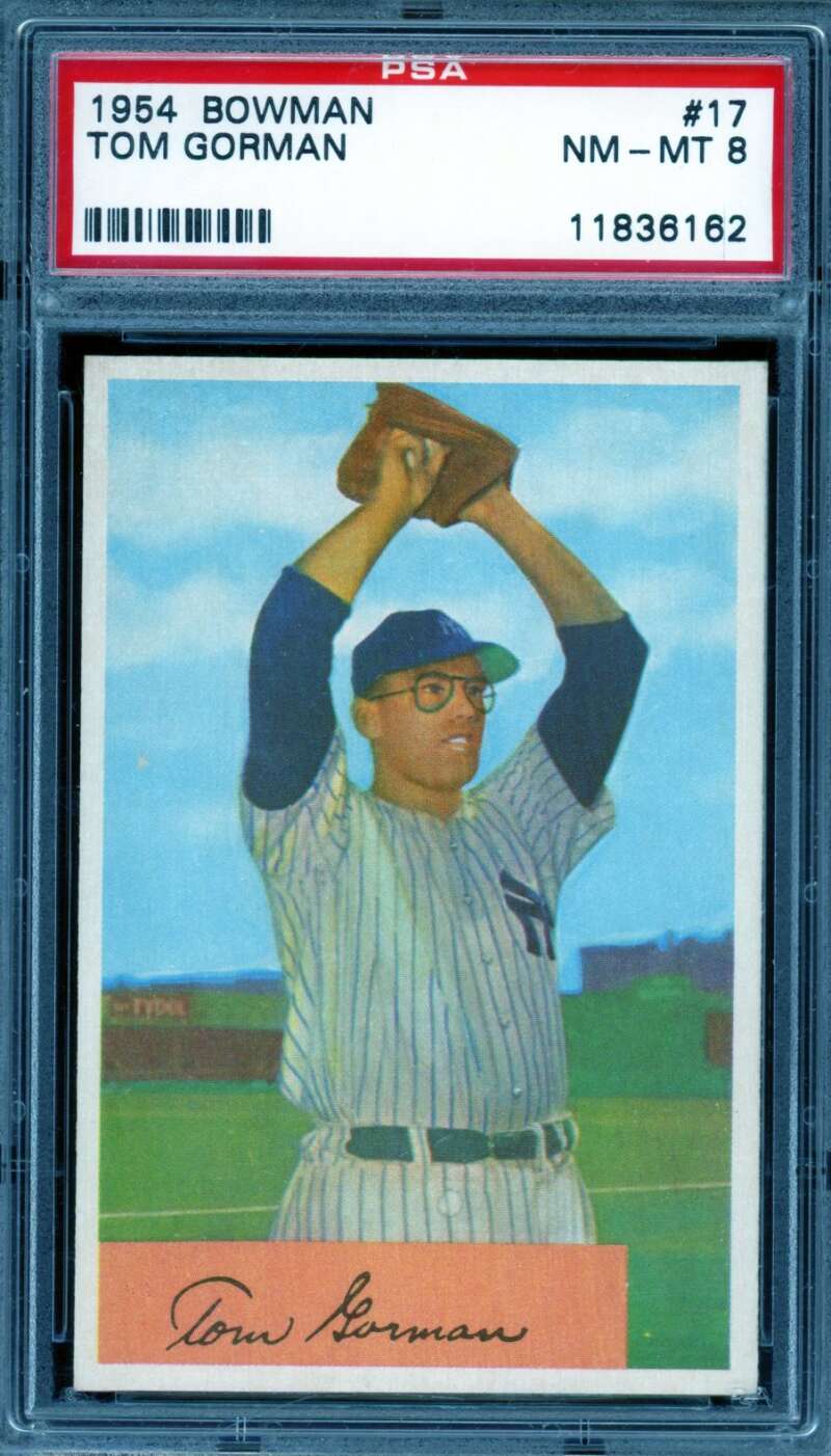 Tom Gorman Card 1954 Bowman #17 PSA 8 Image 1