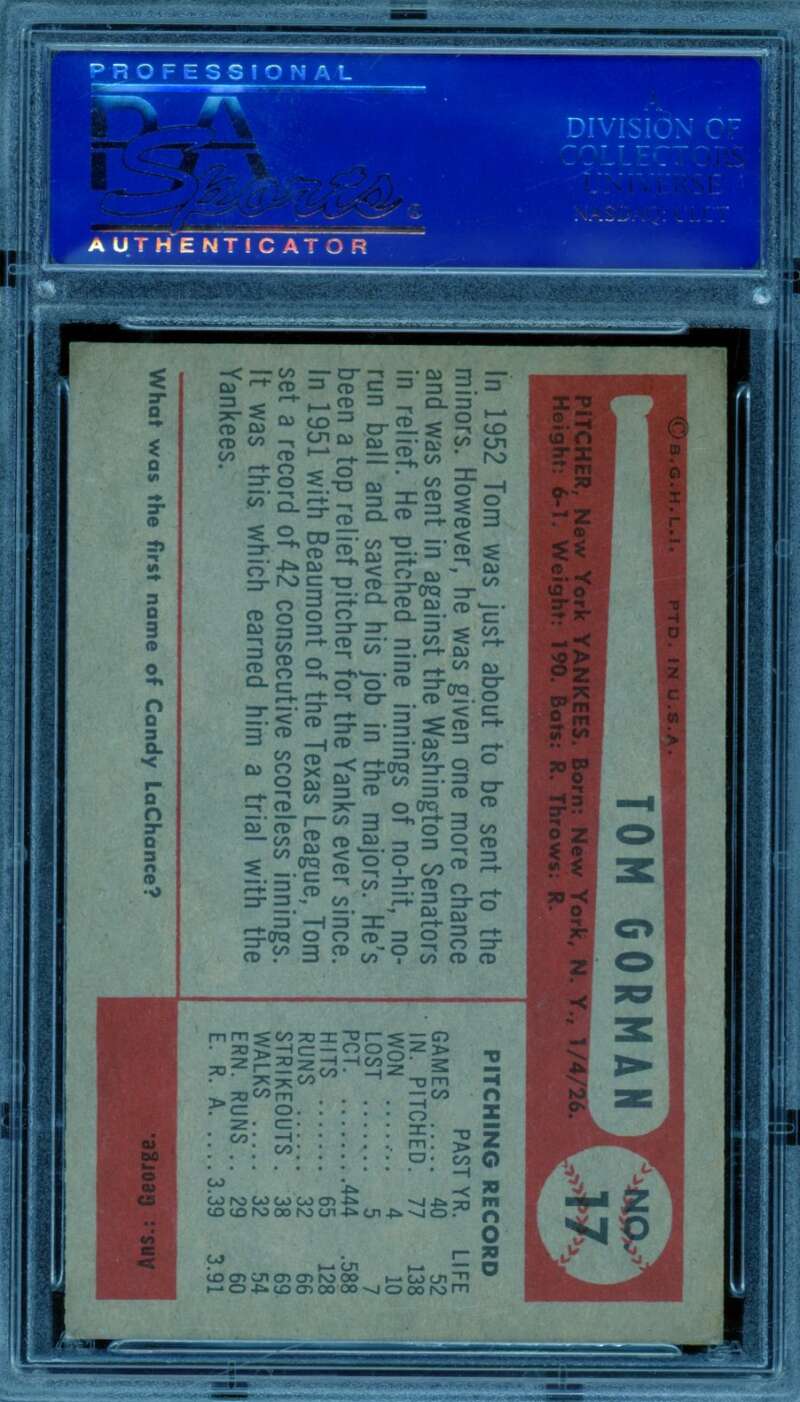 Tom Gorman Card 1954 Bowman #17 PSA 8 Image 2