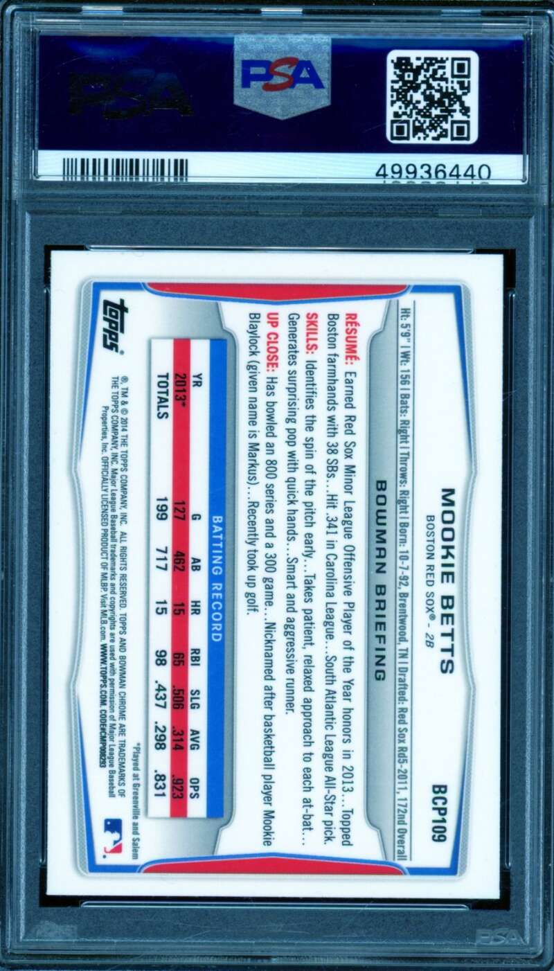 Mookie Betts Rookie Card 2014 Bowman Chrome Prospects #BCP109 PSA 9 Image 2