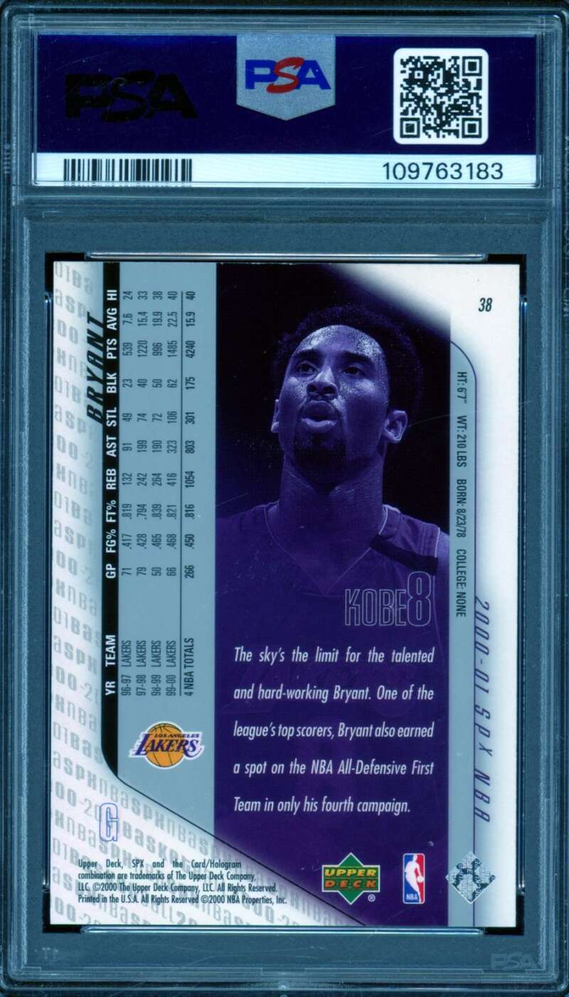 Kobe Bryant Card 2000-01 SPX #38 PSA 8 Image 2