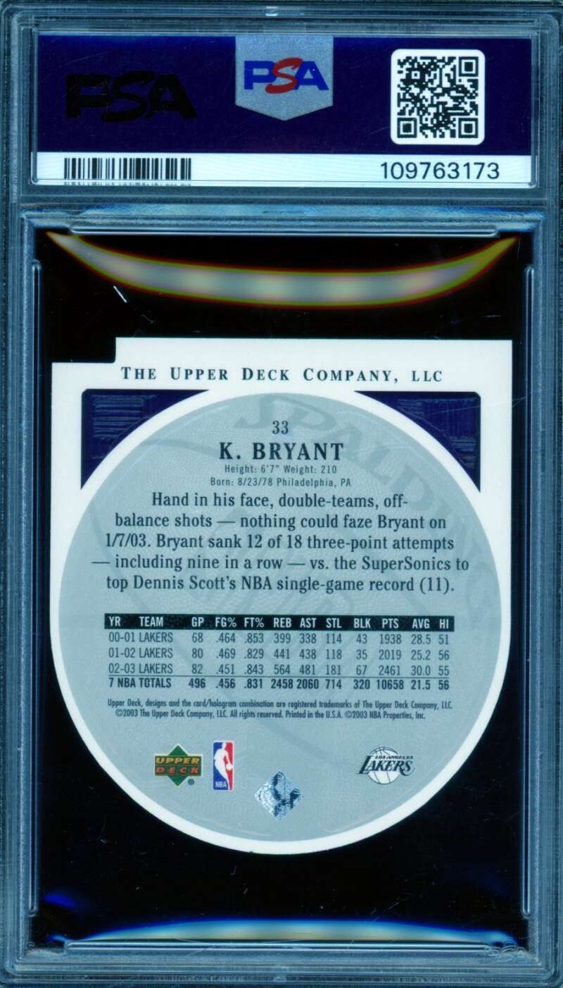 Kobe Bryant Card 2003-04 Upper Deck Standing O Die-Cut Embossed #33 PSA 9 Image 2