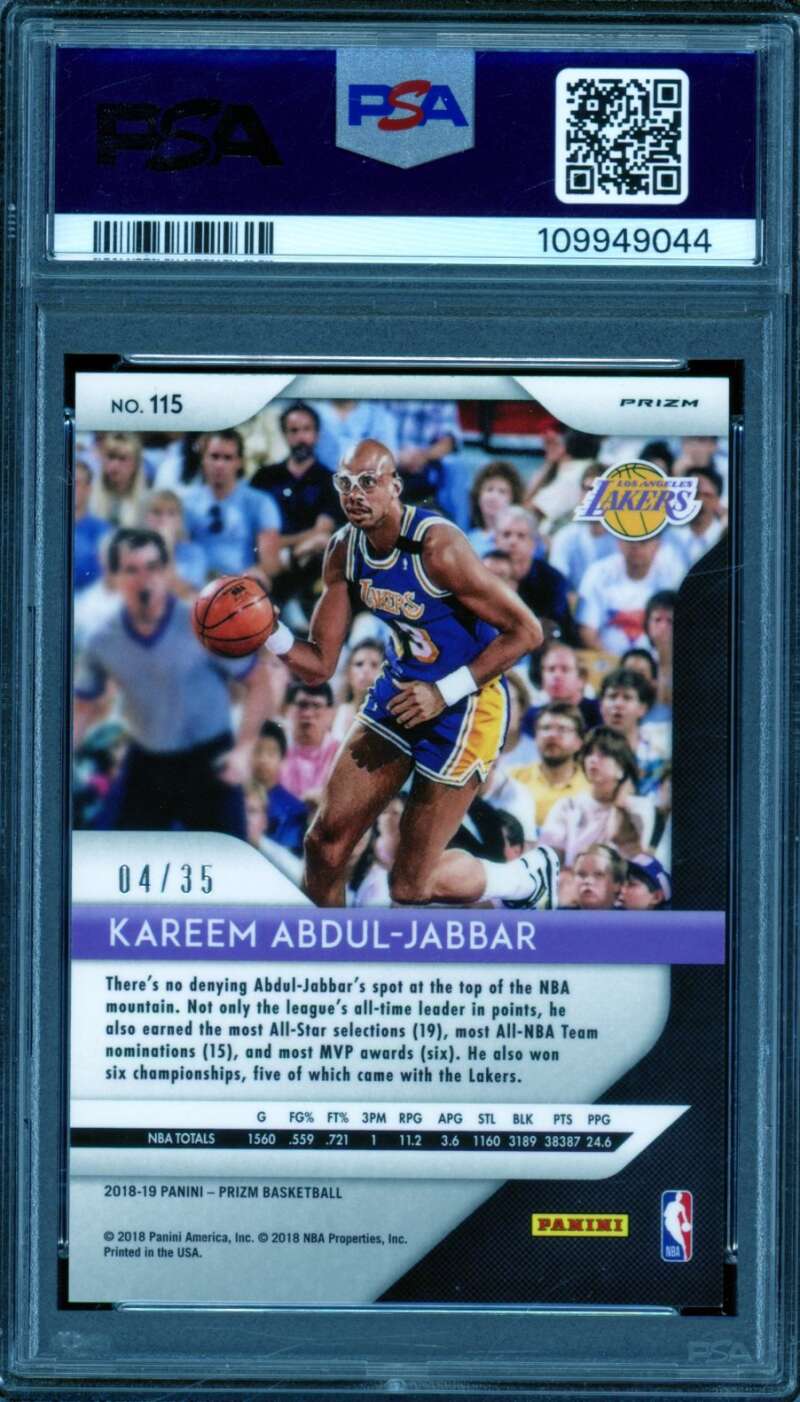 Kareem Abdul-Jabbar Card 2018-19 Panini Prizm Purple Pulsar (4/35) #115 PSA 9 Image 2