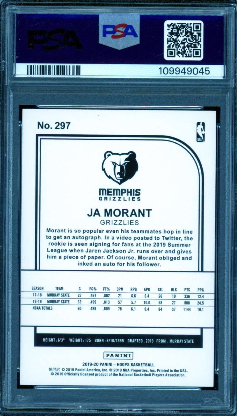 Ja Morant Rookie Card 2019-20 Panini Hoops #297 PSA 10 Image 2