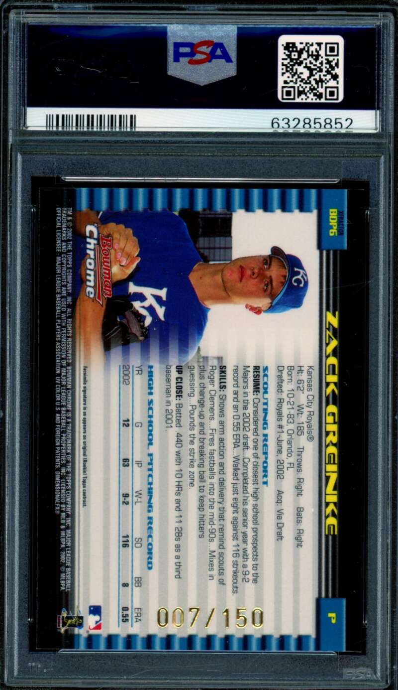 Zack Greinke Rookie Card 2002 Bowman Chrome Draft Picks Xfractor #6 PSA 8 Image 2