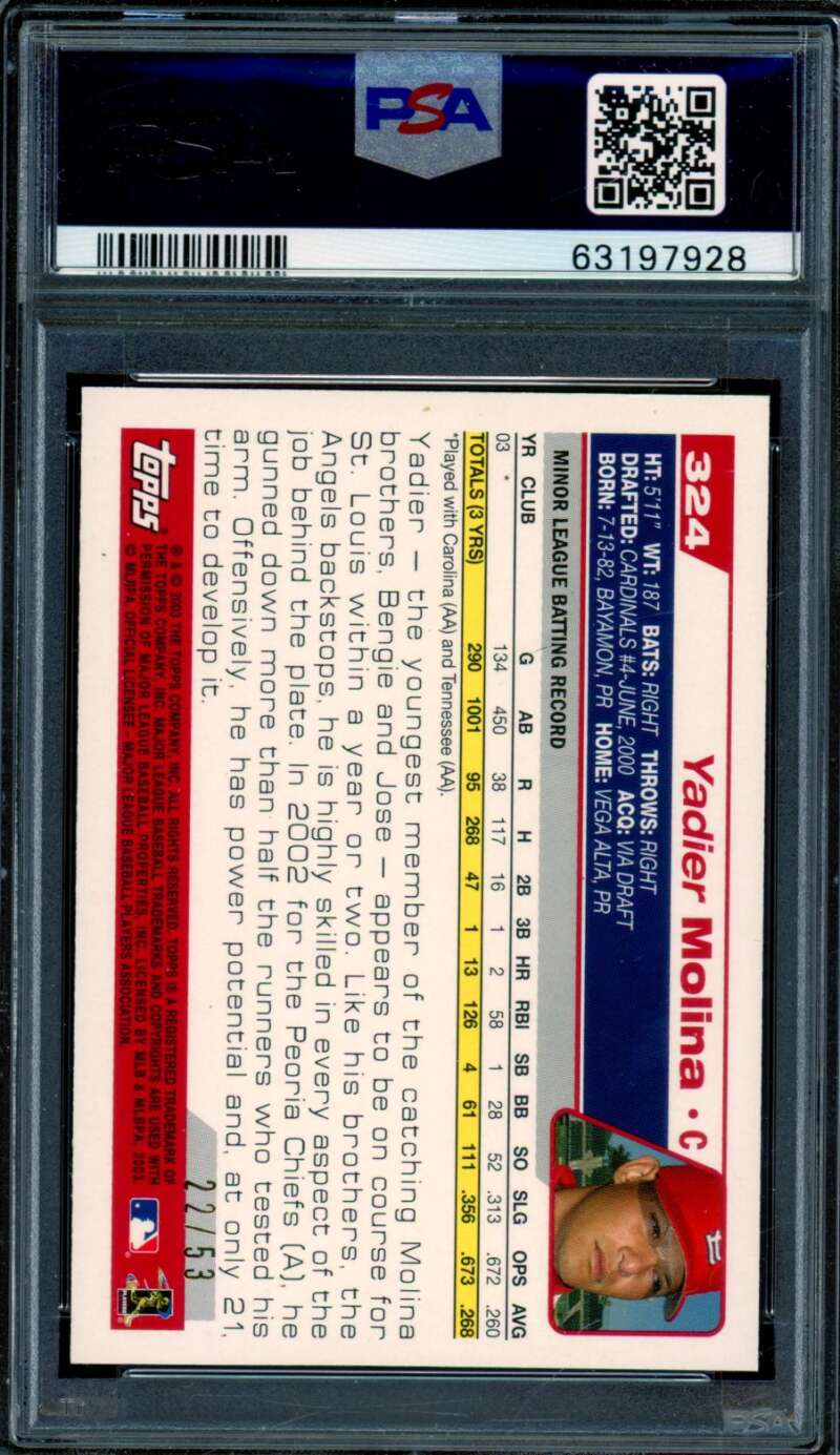Yadier Molina Rookie Card 2004 Topps Black (pop 2) (22/53) #324 PSA 9 Image 2