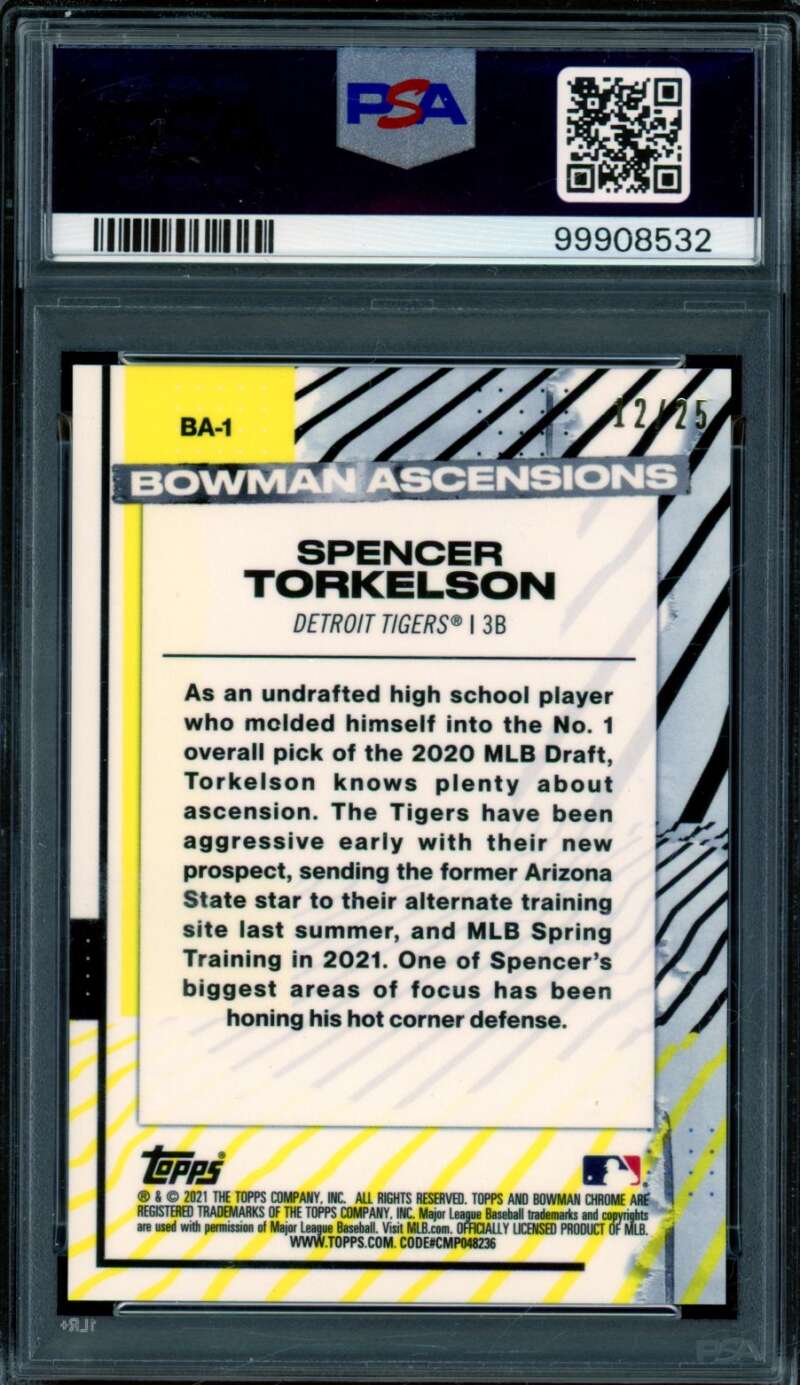 Spencer Torkelson Rookie 2021 Bowman Chrome Orange Refractor (pop 1) #BA1 PSA 10 Image 2