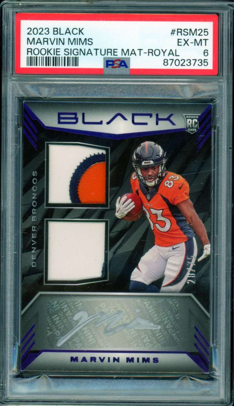 Marvin Mims Rookie Card 2023 Black Rookie Signature Material Royal #RSM25 PSA 6 Image 1