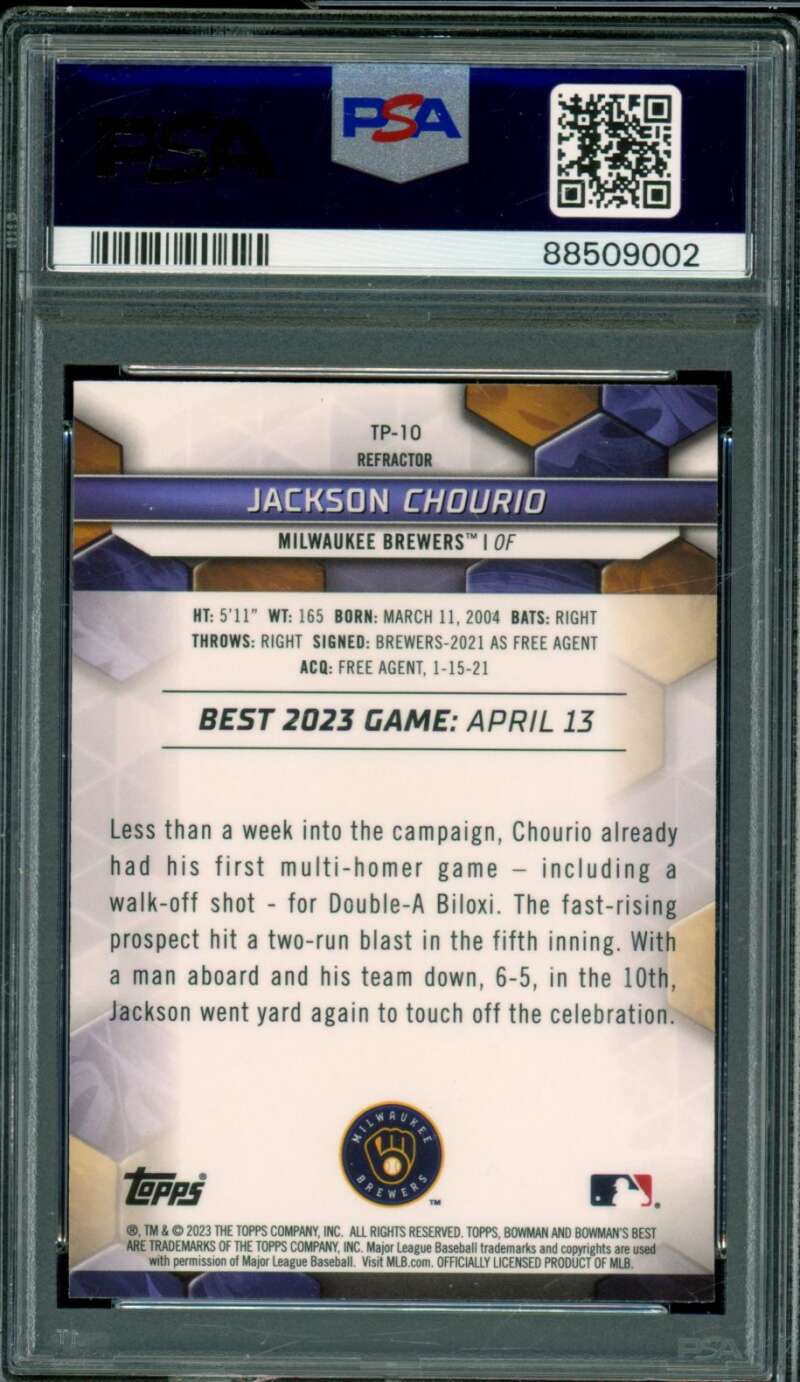 Jackson Chourio Rookie Card 2023 Bowman's Best #TP-10 PSA 10 Image 2