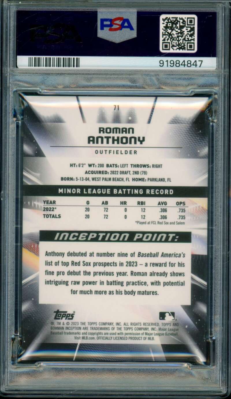 Roman Anthony Rookie Card 2023 Bowman Inception Gold Foil (pop 3) #71 PSA 9 Image 2