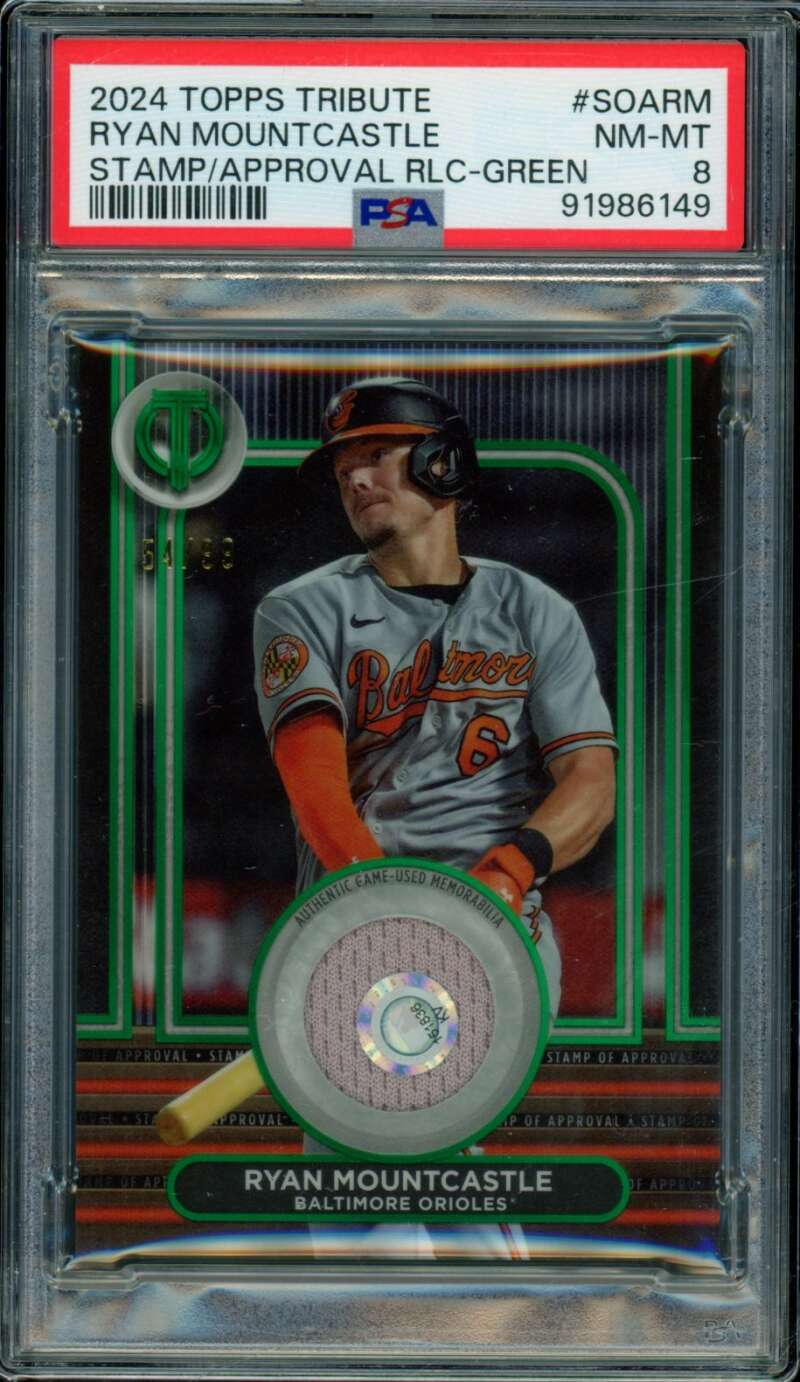 Ryan Mountcastle 2024 Topps Tribute Stamps Approval Relic Green #Soarm PSA 8 Image 1