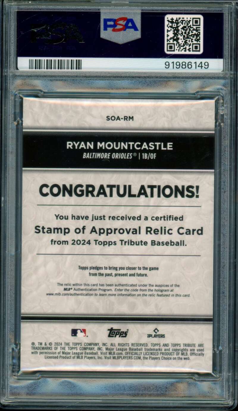 Ryan Mountcastle 2024 Topps Tribute Stamps Approval Relic Green #Soarm PSA 8 Image 2