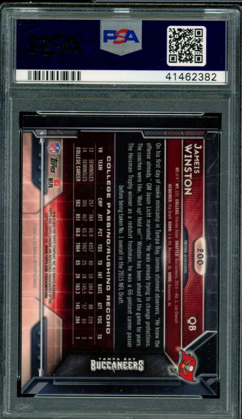 Jameis Winston Rookie Card 2015 Topps Chrome Orange Refractor #200 PSA 10 Image 2