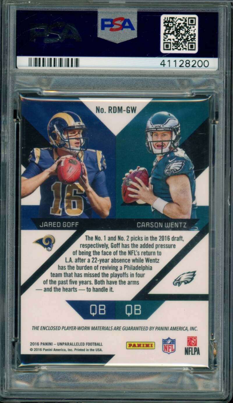 Carson Wentz/Jared Goff Rookie Card 2016 Panini Unparalleled (20/25) #GW PSA 9 Image 2