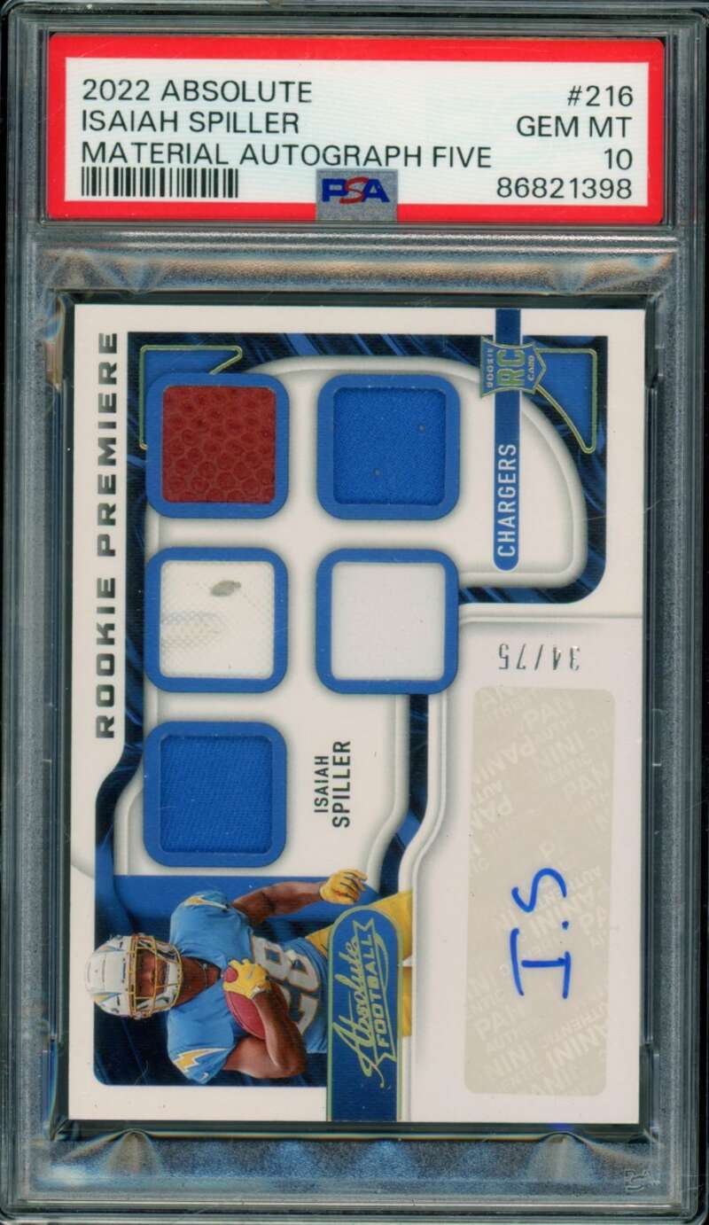 Isaiah Spiller Rookie 2022 Absolute Material Autograph Five (pop 1) #216 PSA 10 Image 1