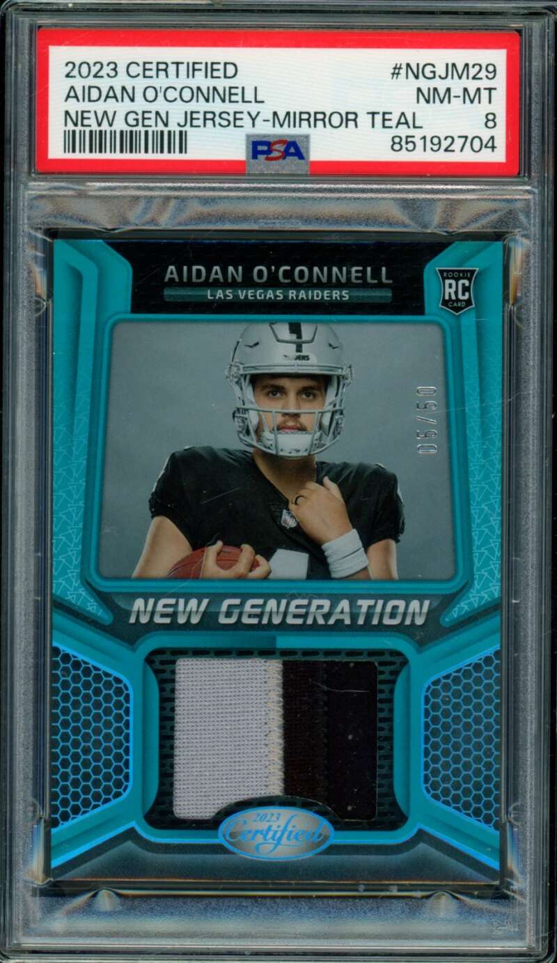 Aidan O'Connell Rookie 2023 Certified New Gen Jersey Mirror Teal #NGJM29 PSA 8 Image 1